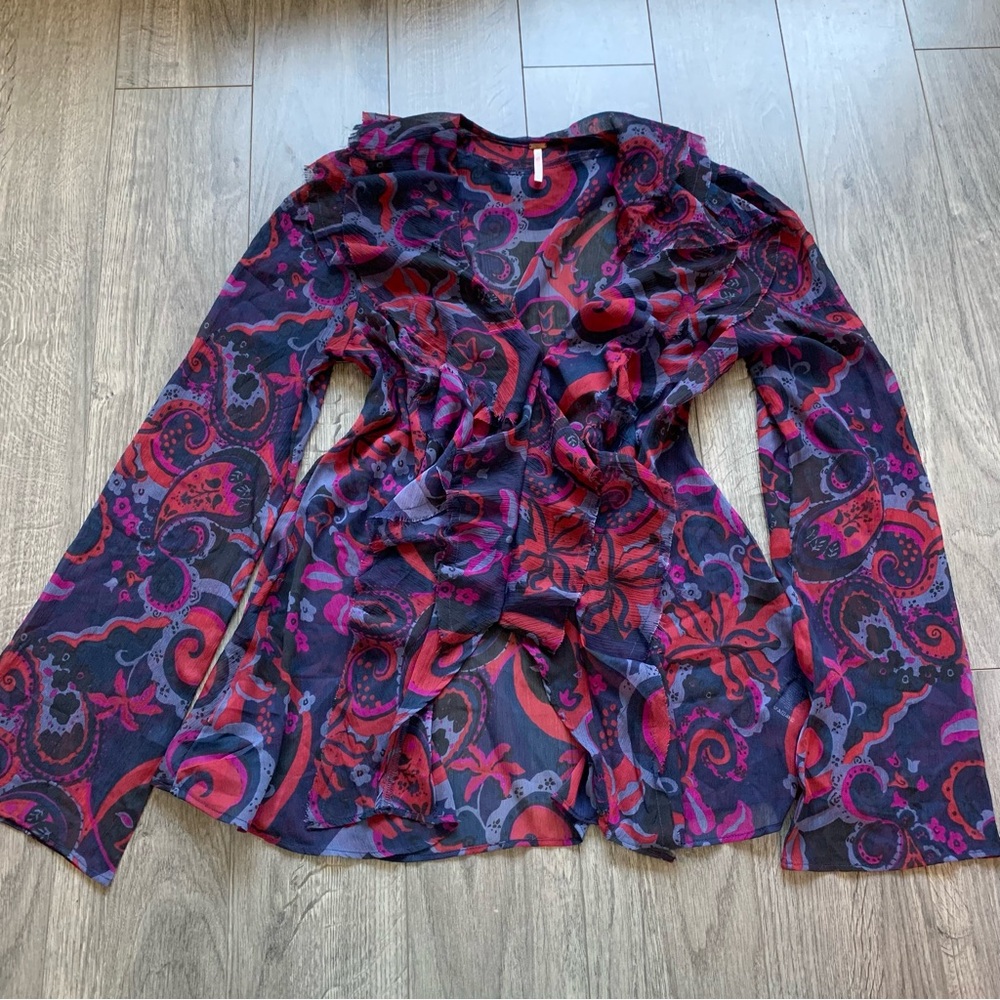 Free People Sheer Paisley Blouse in Red and Purple